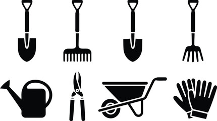 Set of black garden tool icons including shovel rake watering can and wheelbarrow © Milon Store