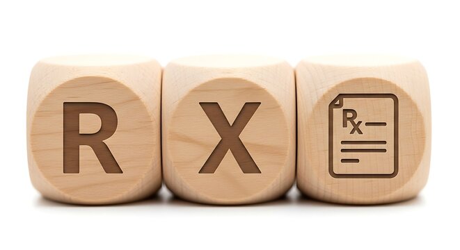 Three wooden blocks with medical prescription symbols on white background