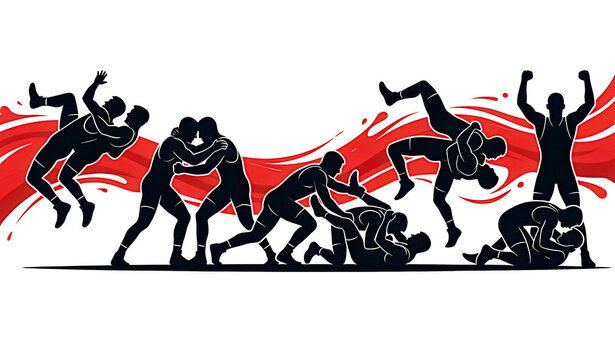 Two wrestlers in clinch position silhouette, showing grappling technique, balance, and strength in combat sports