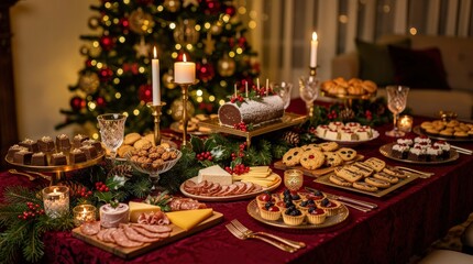 Fototapeta premium A festive holiday table laden with assorted desserts, cheeses, meats, and treats, decorated with candles and a Christmas tree in the background.