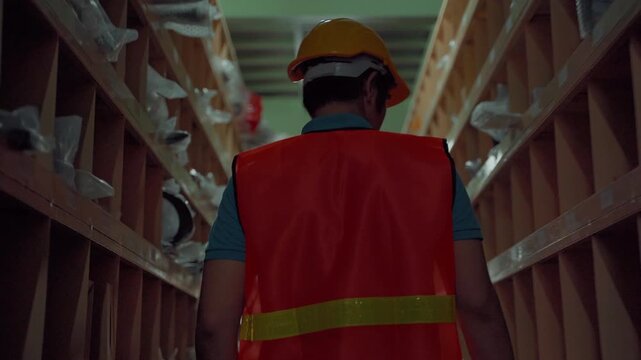 Back view of a warehouse employee wearing reflective safety vest and hard hat walking through warehouse storage shelves during inventory inspection and logistics operations.
