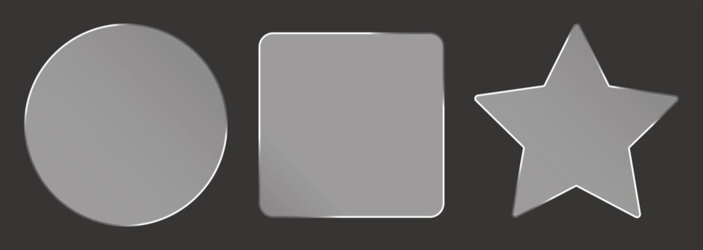 Set of three glossy grey 3D glass buttons including a circle, rounded square, and star shape for web interface design