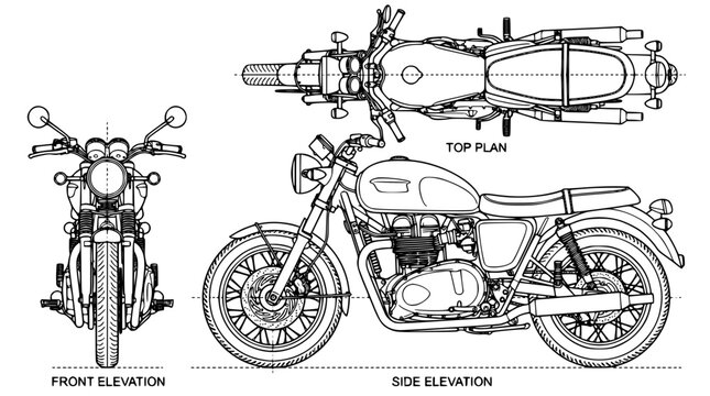 Classic vintage motorcycle blueprint layout with detailed front side and top plan view technical outline illustration vector