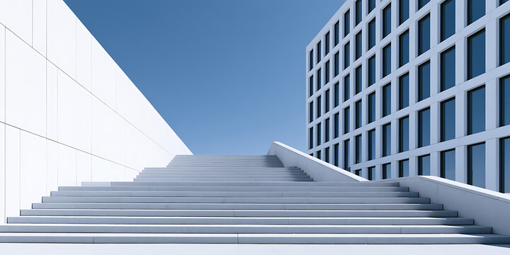Modern white staircase leading to a sleek building with blue sky background