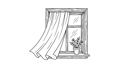 Obraz premium Classic wooden window frame outline sketch with a blowing side curtain and small potted flower on the sill vector