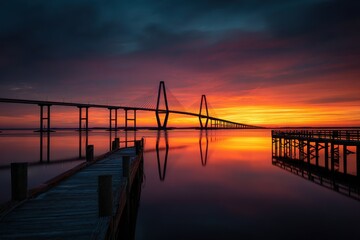 Fototapeta premium Dramatic Sunset Over Cable-Stayed Bridge with Water Reflections and Wooden Piers