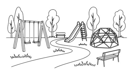 Children playground in public park outline illustration with swings slide climbing dome bench and trees coloring page vector © AlviAhmed