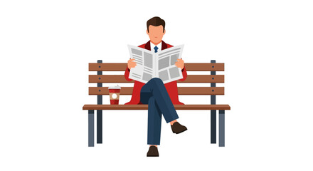 Fototapeta premium Businessman in Red Coat Reading Newspaper on Park Bench with Coffee - Flat Vector Illustration of Morning Routine and Daily News