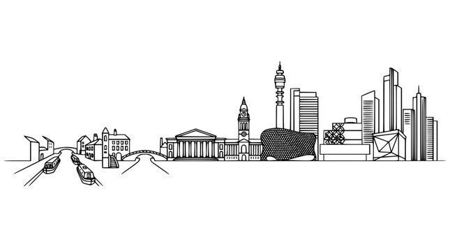 Birmingham city skyline continuous line art drawing with famous landmarks buildings architecture and canals panorama isolated vector
