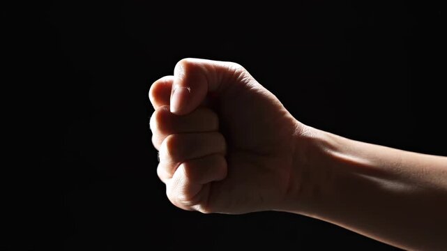 Hand closing into firm fist on black background, ideal for power gesture, protest message, determination, resistance, conflict warning, strength symbolism, and social campaign communication use
