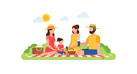 Fototapeta premium Happy Family Picnic in the Park Vector Illustration. People Relaxing Outdoors on a Sunny Summer Day with Food and Drinks. Flat Design Concept for Leisure and Vacation.