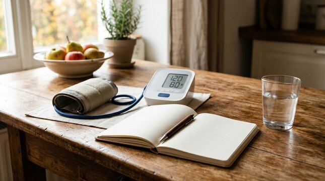 Home blood pressure cuff with notebook and water glass on kitchen table