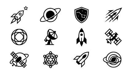 Minimalist space exploration and astronomy logo design elements set with rocket planet satellite and spaceship icons vector © AlviAhmed