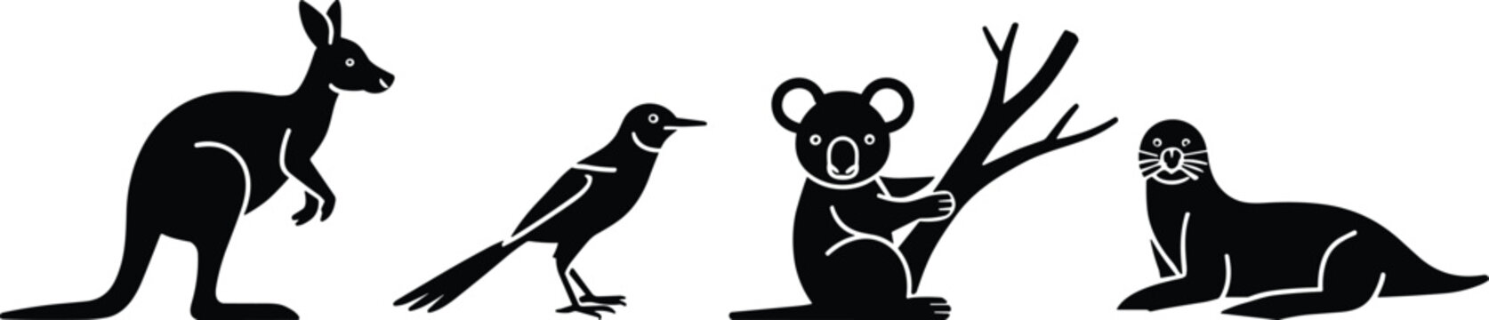 Collection of black silhouette Australian and marine animal icons kangaroo magpie