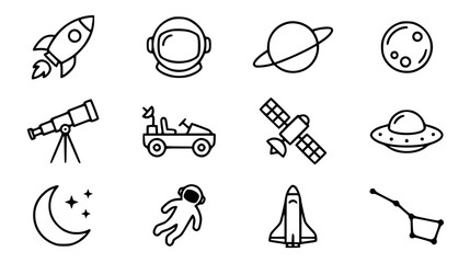 Space exploration and astronomy doodle line icons set with rocket astronaut helmet planet satellite telescope and ufo vector © AlviAhmed