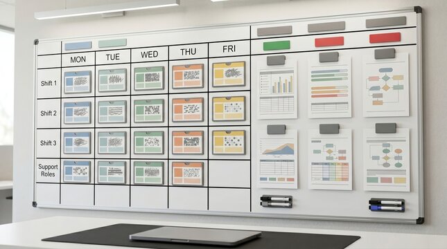 Hr planning board with shift cards and attendance sheets for staffing workflow