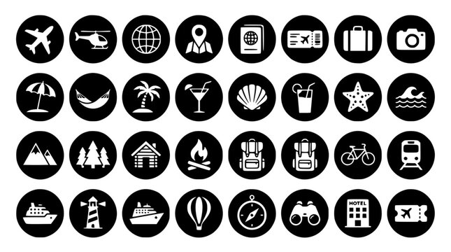 Travel and adventure tourism round black glyph icons set with airplane cruise ship camping beach and hotel symbols vector