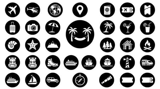 Travel and summer vacation round black silhouette icons set with airplane cruise ship palm tree luggage and compass vector