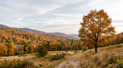 Obraz premium Autumn equinox landscape golden foliage along a rural road in mountainous terrain