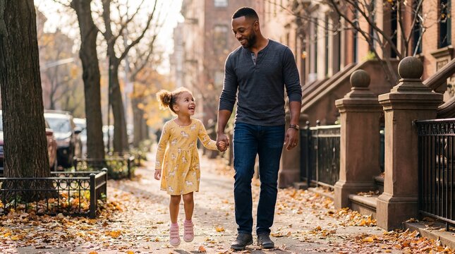 father daughter walking Brooklyn brownstone morning family street autumn showing a calm parent and child stroll through a tree lined neighborhood for city living parenting and connection concepts