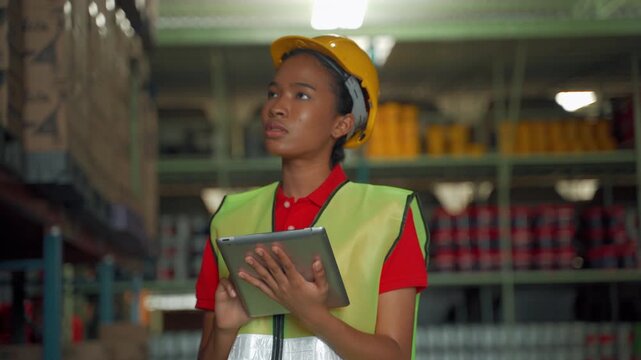Warehouse employee wearing a safety helmet and reflective vest using a digital tablet to manage inventory inside a distribution warehouse. Smart warehouse technology, logistics, inventory tracking, an