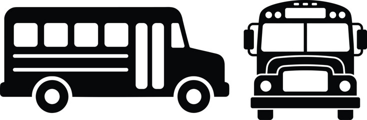 Silhouette icons of a school bus shown from the side and front view for transportation design, isolated on a clean white background © Progotibd303