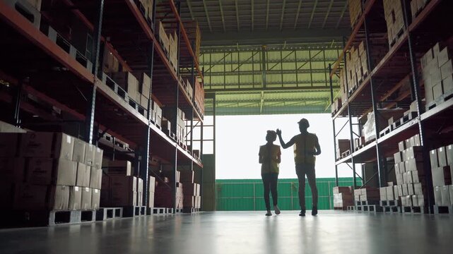 Two warehouse workers wearing safety helmets and reflective vests discussing inventory and warehouse operations inside a modern distribution center. Logistics management, supply chain, storage, and te
