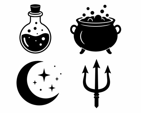 Black and white pixel art icons of magic potion cauldron moon and trident