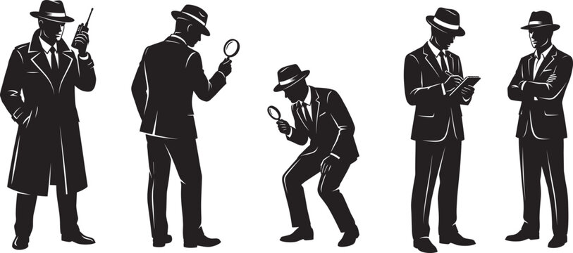 Silhouetted Detective Team in Fedoras, Magnifying Glasses, Notepad, Walkie-Talkie, Crouching Investigator at Crime Scene
