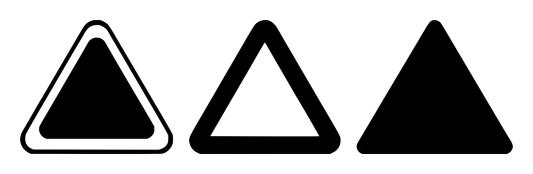 Warning triangle icon set with solid black triangle illustration on white background featuring warning, safety, hazard symbols with bold design and minimalism