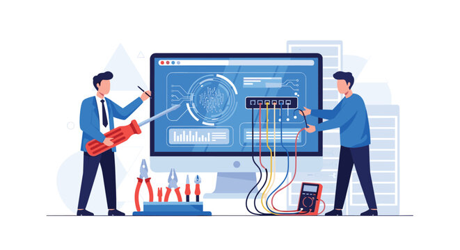 Two IT specialists use tools to repair and configure a large computer monitor displaying technical data and network connection diagrams.