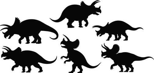 Six Black Dinosaur Silhouettes of Triceratops in Various Poses on White Background prehistoric ancient © QueenMomtaz 