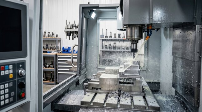 Precision machining center cutting metal part with coolant spray in tool room