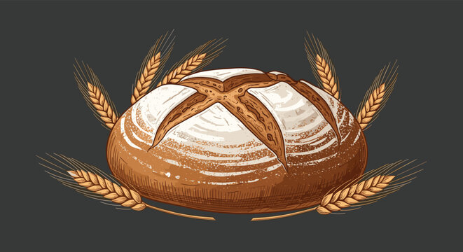 Loaf of freshly baked crusty bread is presented artistically surrounded by several golden stalks of wheat on a dark background.