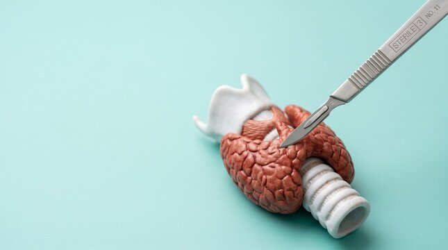 Thyroid Gland Model with Scalpel on Blue Background.