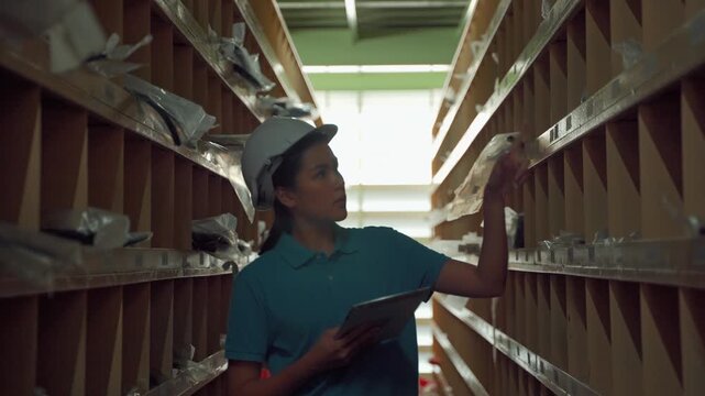 Side profile of a female warehouse worker wearing a safety helmet while using a digital tablet to inspect inventory in a warehouse storage aisle. Inventory control, warehouse management, logistics, an