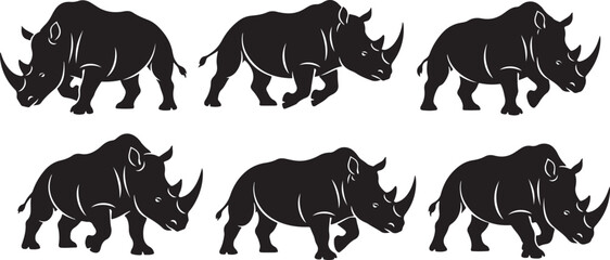 Rhino walking rhino charge rhino standing high quality vector silhouette illustration set isolated. © Sheplob