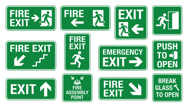 Variety of green emergency exit and push door signs.