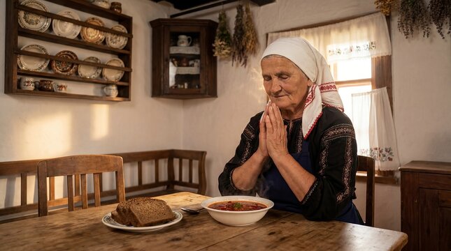 wide Ukrainian kitchen grandmother prayer borscht bread morning showing a humble village room with folded hands before eating for faith tradition domestic warmth and family recipe storytelling