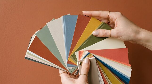 Close up view of designer hands holding a fan of colorful paper swatches deck for interior design material selection.