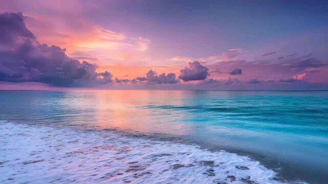Ocean glowing under pastel sunrise light calm horizon blending into turquoise sea peaceful mood