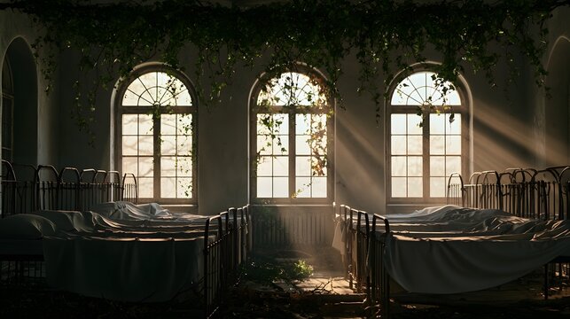 Forgotten hospital ward bathed in melancholic light antique iron beds evoke a sense of timeless decay and quiet beauty