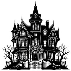Fototapeta premium Victorian haunted mansion silhouette with iron gate.