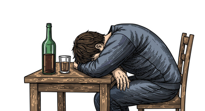 Hand drawn vintage engraving of a tired man slumped over a wooden table next to a bottle and glass of dark liquor reflecting fatigue.
