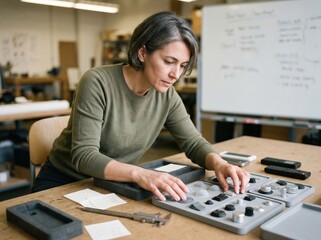 Fototapeta premium Creative director reviewing tactile prototype buttons in product workshop