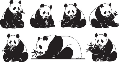 Set of panda bear silhouettes eating bamboo, editable vector illustration. © Sheplob