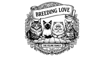 breeding love, feline family, black and white cats, svg, vector illustration, cat breeders, printable art © Tanan
