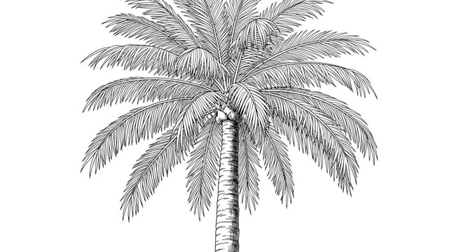 Vintage engraving style illustration depicts a tall palm tree with detailed fronds against a clean white background.