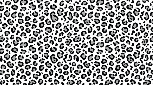Seamless leopard print pattern with black and grey spots on a white background for textile design