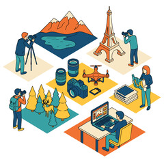 Fototapeta premium Creative Professional Photography and Digital Content Creation Workflow Isometric Collection Featuring Diverse Camera Equipment and Travel Scenes